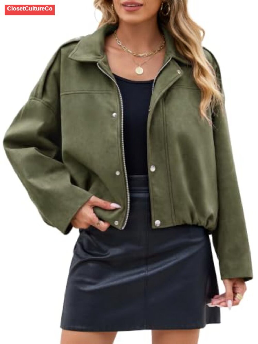 Faux Suede Cropped Bomber Jacket Oversized Drop Shoulder Zip Up